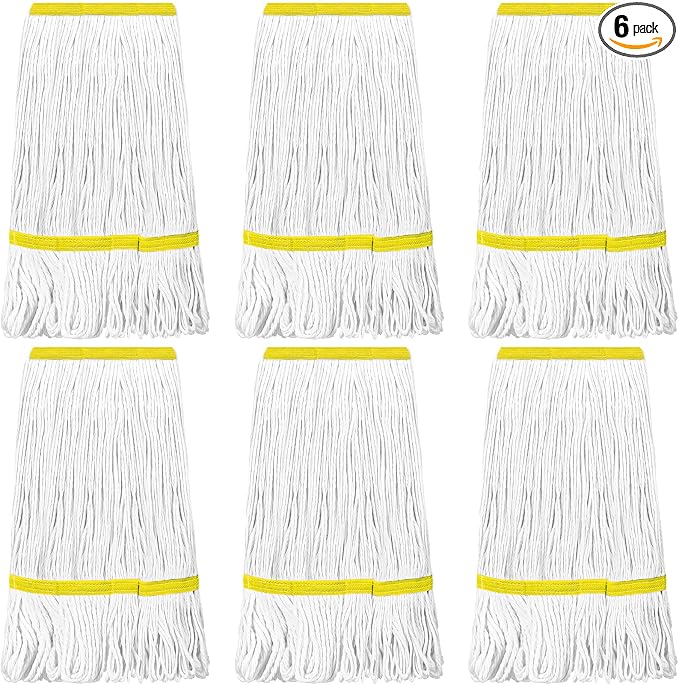 Eccliy 6 Pack Commercial Mop Heads Replacement Heavy Duty 18 oz Loop End Cotton String Wet Mop Refills Washable Absorbent Reusable for Industrial Home Tile Wood Concrete Floor (White,Yellow)