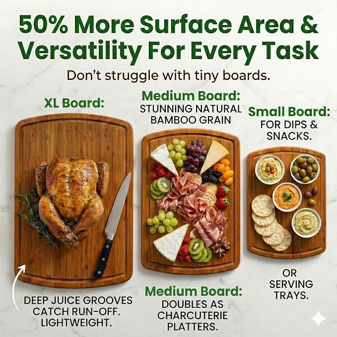 Greener Chef Luxury Bamboo Cutting Board 3-Piece Set with Carbonized Vertical Grain Strength Technology - Extra Large Wooden Cutting Boards for Kitchen with Deep Juice Grooves - Lifetime Replacements