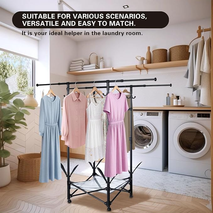 Foldable Drying Rack Clothing, Double Rod Extendable Clothes Drying Rack with Wheels, Sweater Drying Rack, Hat Rack, Shoes Drying Rack