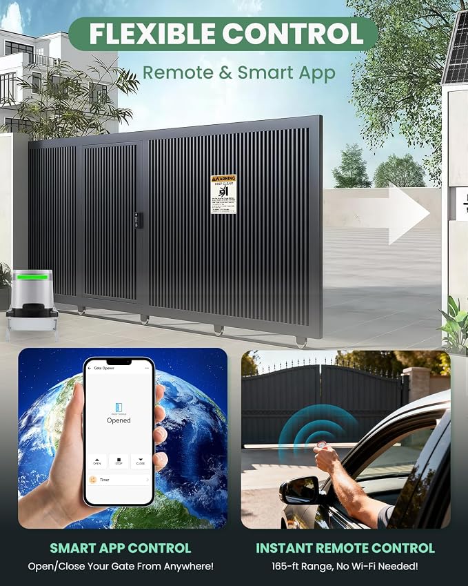 1300lb Sliding Gate Opener with Chain Drive & Solar Power, Automatic Slide Gate Motor Kit for 40ft Gates, WiFi App & Remote Control, Built-in Backup Battery & Anti-Collision Sensor