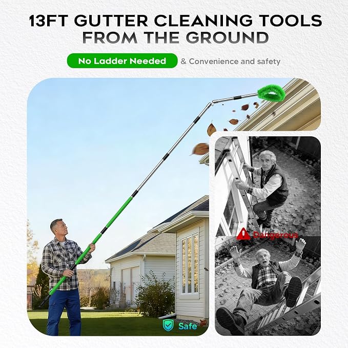 13ft Gutter Cleaning Tools From the Ground, No Ladder Needed, 3-in-1 Gutter Cleaner Pole with Replaceable Brush Rake Scoop, 180° Adjustable Angle for Leaves & Debris Cleaning with Grip Tapes, Green
