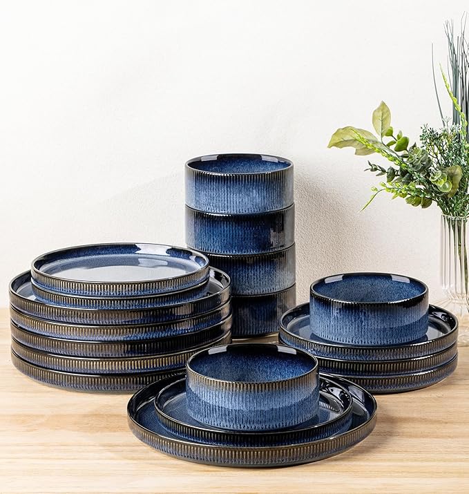 TheTerra Ceramic Dinnerware Sets for 6, 18 Pieces Porcelain Lightweight Plates and Bowls Sets, Scratch Resistant Dish Set, Oven & Microwave & Dishwasher Safe, Starry Blue