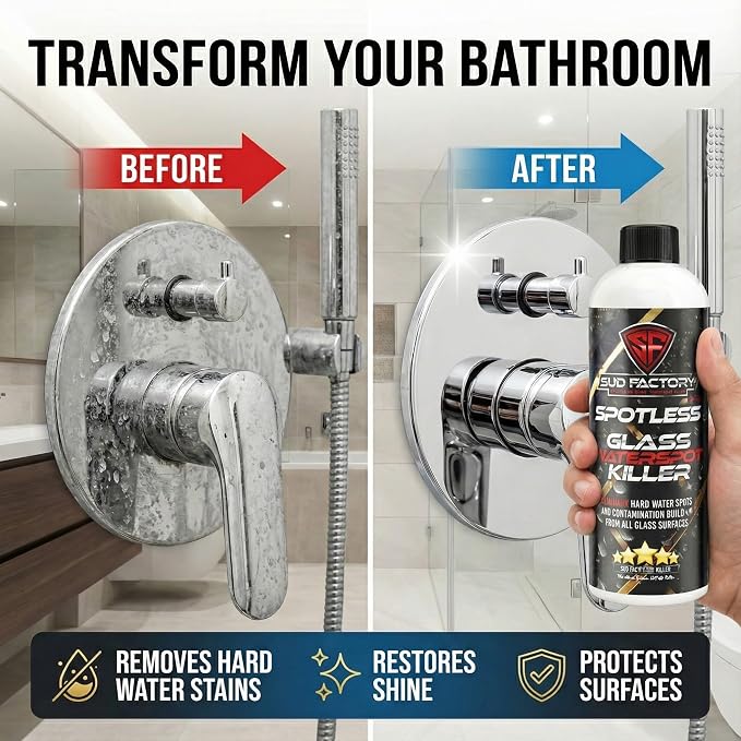 Sud Factory Hard Water Spot Remover for Glass Spotless X2 - Removes Water Stains from Shower Doors, Car Windows, Windshields - Professional Strength 16oz
