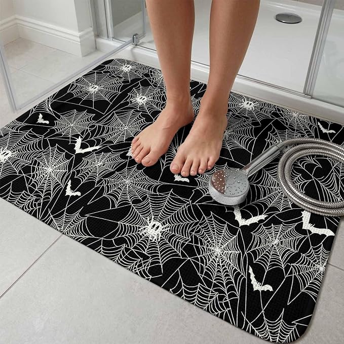 Halloween Bathroom Rugs Non Slip Washable Bath Mat Absorbent Low Pile Front Door Mat Black Scary White Bat Animal Net Geometric Indoor Doormat for Kitchen Entryway Shower Decor Accessories 19.7"x31.5"