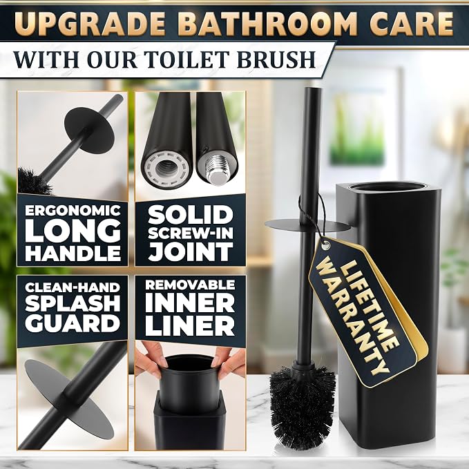 Black Toilet Brush and Holder Set - Slim Matte Design that Fits Anywhere - Stainless Steel Toilet Bowl Brush and Holder with 2 Rounded Corners, Replaceable Head, Removable Inner Bowl & Splash Guard