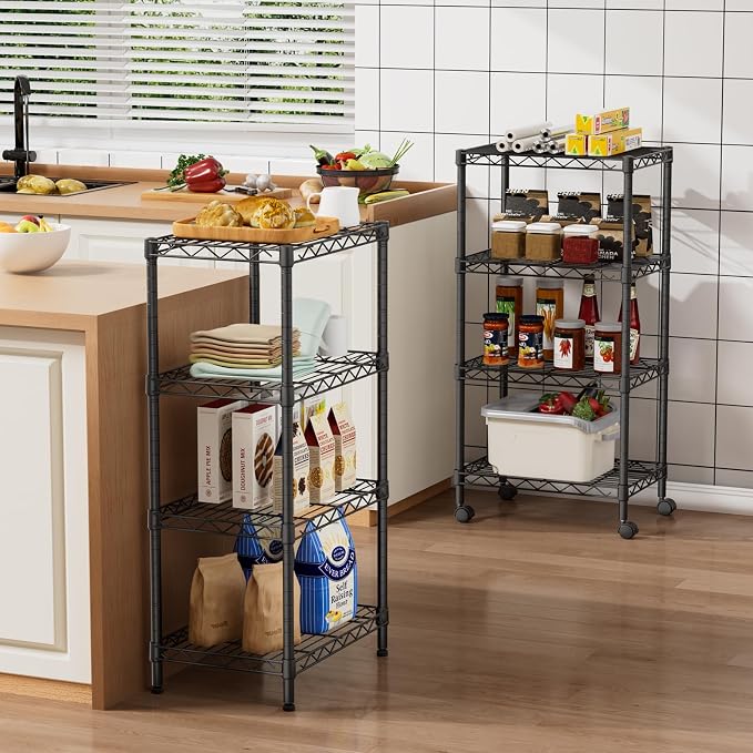 Golpart Small 4 Tier Shelves Storage Wire Shelving Unit Metal Shelf Adjustable Organizers Storage Shelving with Wheels for Bathroom Laundry Room Kitchen Pantry11.7”D x 17.7”W x 44.8”H Black