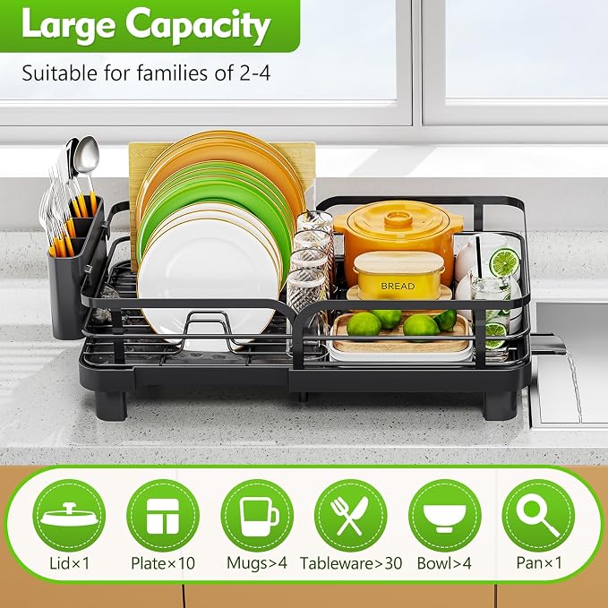 TOOLF Expandable Dish Drying Rack for Kitchen Counter, Black | Stainless Steel Dish Drainer with Drainboard Set & Cutlery Holder, Extendable 13.7“-20.5”L, Rust-Proof, Fits for 1-3 People