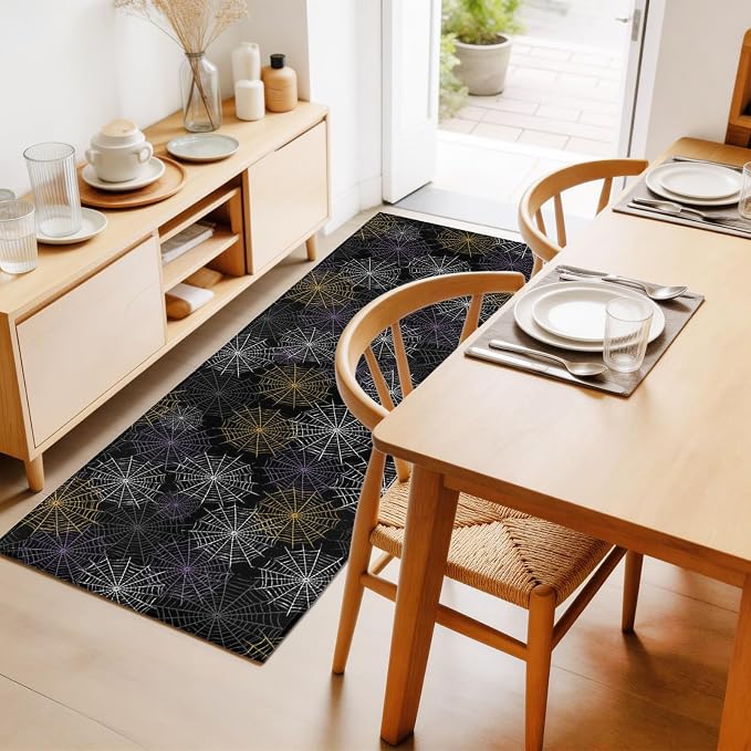 Hallway Runner Rug 2'x6', Black Halloween Washable Bathroom Area Rugs for Kitchen Bedroom Laundry, Purple White Yellow Net Classic Black Non Slip Door Mat Indoor Entrance Floor Throw Bedsides Carpet