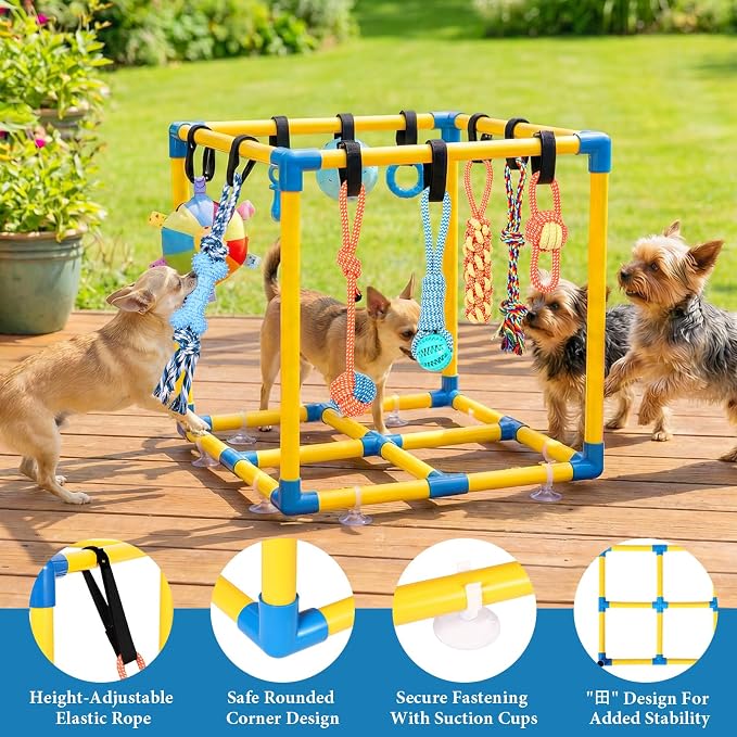 WLLEYAY Puppy Play Gym for Small Dogs 10 Hanging Toys,Interactive Dog Toys | Removable Indoor Jungle Gym,PVC Frame With Adjustable Bungee Straps, Interactive Tug Toys,Dogs Rope Toy To Keep Them Busy