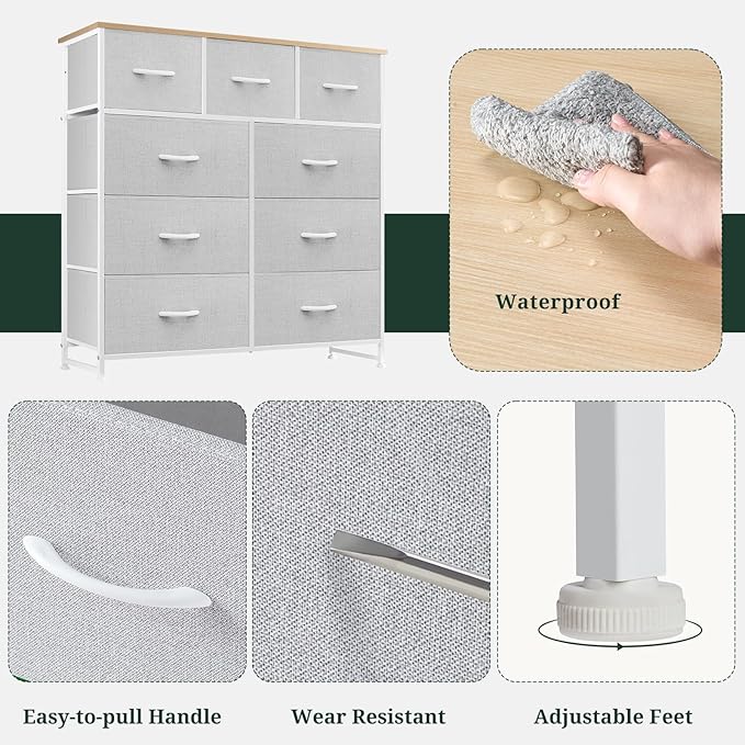 9-Drawer Dresser for Bedroom, Anti-Tip Tall Storage Organizer Chest of Drawers with Wooden Top and Metal Frame Fabric Bins for Closet, Living Room, Hallway, Entryway, Light Gray