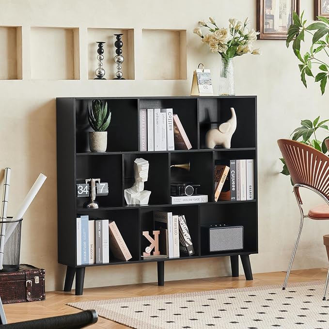 LEYAOYAO 8 Cube Bookshelf, Mid-Century Modern Book Shelf with Legs, Black | 3 Tier Bookcase, Rustic Wood Bookshelves Freestanding Large Storage Organizer, Open Shelves for Bedroom, Living Room, Office