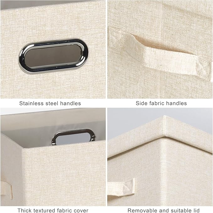 Graciadeco Large 17" 36 Quart Collapsible Stackable Storage Bins with Lids, 3 Packs Light Orange Linen Fabric Closet Boxes with Lids, Storage Cube Baskets Container Organizers for Office (17x12x11)