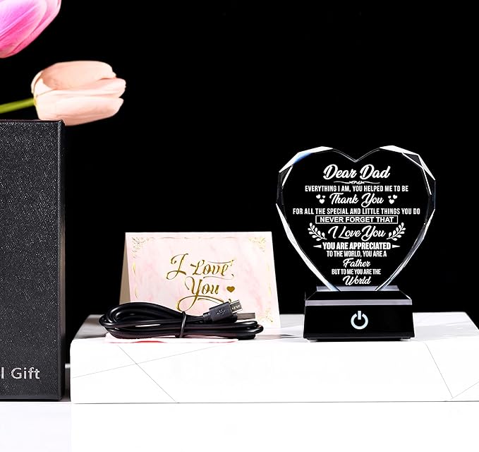 ZHSHWAT Dad Crystal Night Light, Engraved Heart LED Color Changing Lamp, Father’s Day Birthday Gift for Dad from Daughter Son