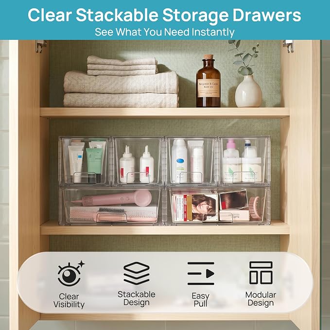 Vtopmart 6 Pack Stackable Storage Drawers, Easily Assemble Clear Plastic Organizer Bins, 2 Wide Drawers and 4 Medium Drawers for Pantry, Kitchen Cabinet, Bathroom, Closet Organization and Storage