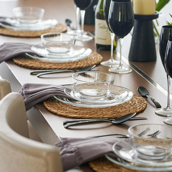 12pc Glass Dinnerware Set - Sleek Round Clear Glass Plate and Bowl Sets - Dishwasher Safe, Bread & Butter Dinner, Dessert, Salad Plates & Serving Cereal Soup Bowls Dishes for Kitchen Dining & Parties