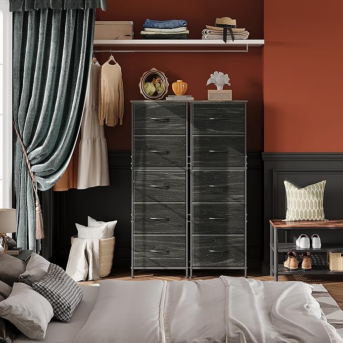WLIVE Fabric Dresser, 5-Drawer Tall Dressers for Bedroom, Storage Dresser Organizer with Wood Top, Sturdy Steel Frame, Chest of Drawers for Closet, Hallway, Charcoal Black Wood Grain Print