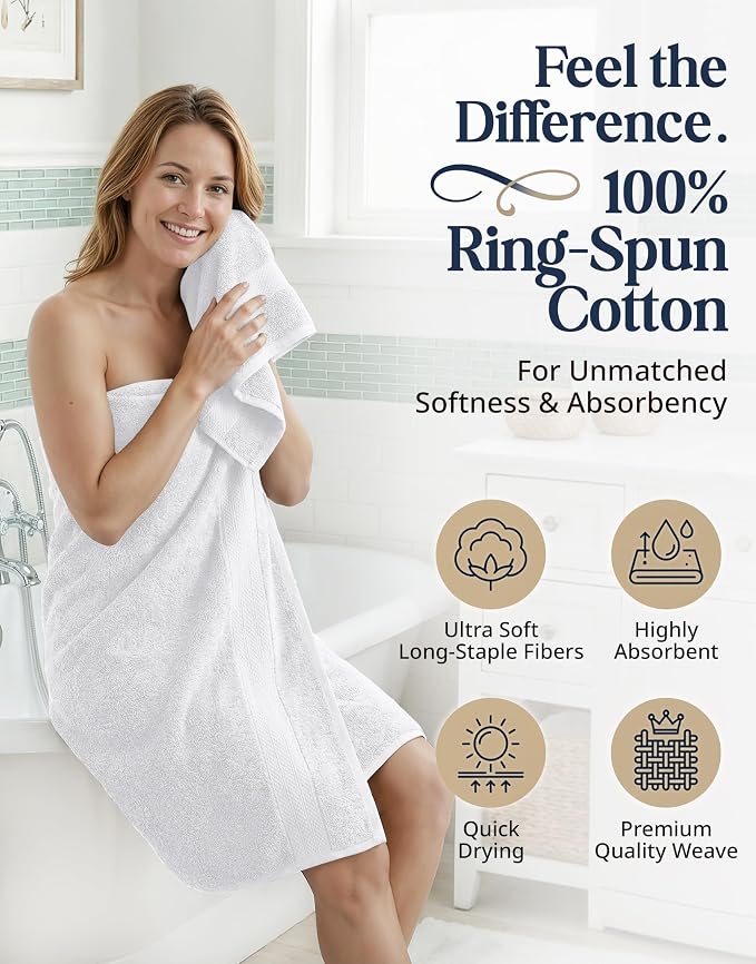 LANE LINEN Bath Towel Set 100% Cotton 6 Piece Soft Absorbent - White | Shower Towels - Generously Sized, Oversized & Roomy, Lightweight & Breathable, Fade-Resistant Color, Classic Terry Weave