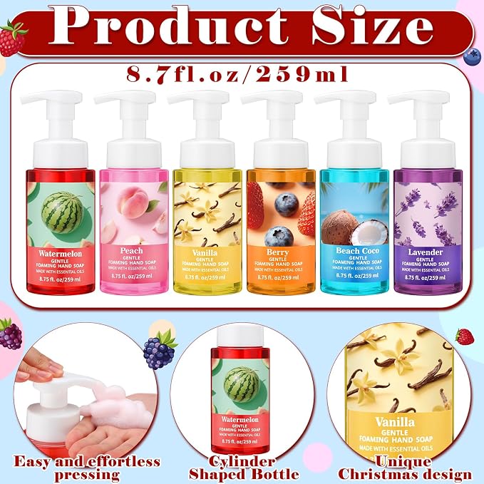 6 Pack Foaming Hand Soap with Pump Care Moisturizing Liquid Fruity Scented Foam Hand Wash Teacher Appreciation Gift Bulk Mother's Gift for Kitchen Bathroom Family Nurse Doctor Employee 8.75 Fl. oz