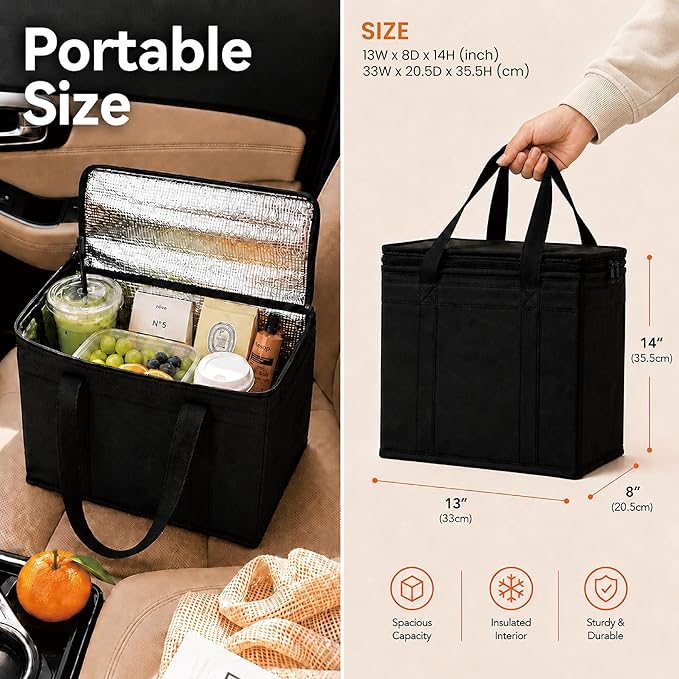 Insulated Food Bag, Portable Cooler Tote (Medium, Black, 1 Pack) | Thermal bag, For cold and hot food, Soft sided cooler, Heavy duty 3-layered tote, Grocery shopping, Beach or travel bag