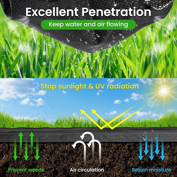 Rintea Weed Barrier Fabric, 6 x 300 ft, 3.2 oz Landscape Fabric | Heavy-duty woven polypropylene with guide lines and 20 U-stakes for gardens, flower beds, landscaping and driveways