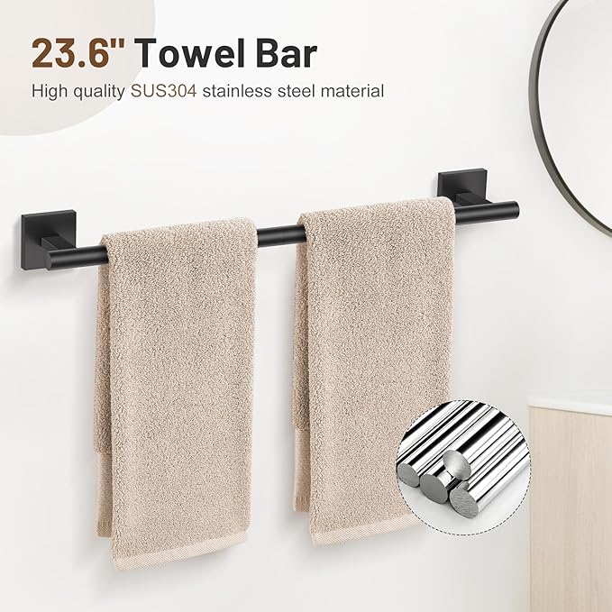 Lairuier 5 Pieces Bathroom Hardware Set Matte Black Towel Bar Set Includes 23.6” Towel Bar, Towel Ring Holder, Toilet Paper Holder and Two Towel Hooks, Bathroom Accessories Set SUS304 Wall Mounted