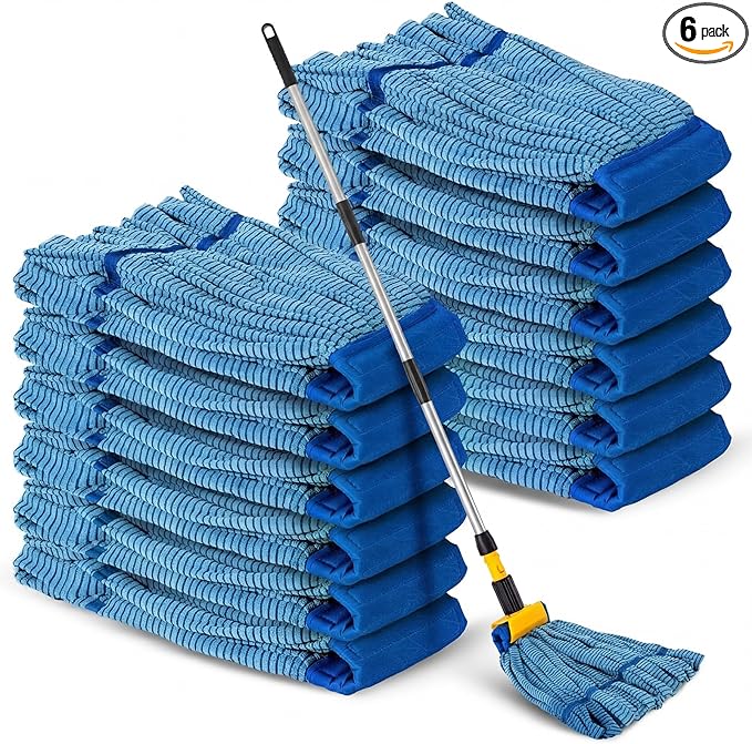 Hushee 6 Pack Large Microfiber Tube Mop Heads 18 oz Heavy Duty Commercial Industrial Wet Mop Head Refill Reusable Machine Washable Looped End Mopheads for Hardwood, Tile, Laminate Floors (Blue)