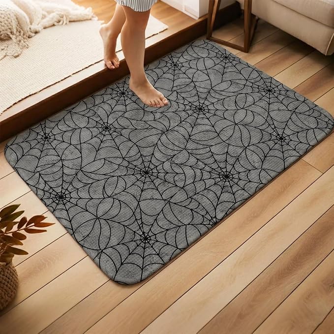 Small Door Mat Indoor Outdoor 15.7"x23.6", Grey Halloween Absorbent Non Slip Entry Rug, Black Spiders Net Classic Gingham Low Profile Welcome Mat for Front/Side Door Apartment Entrance Bathroom