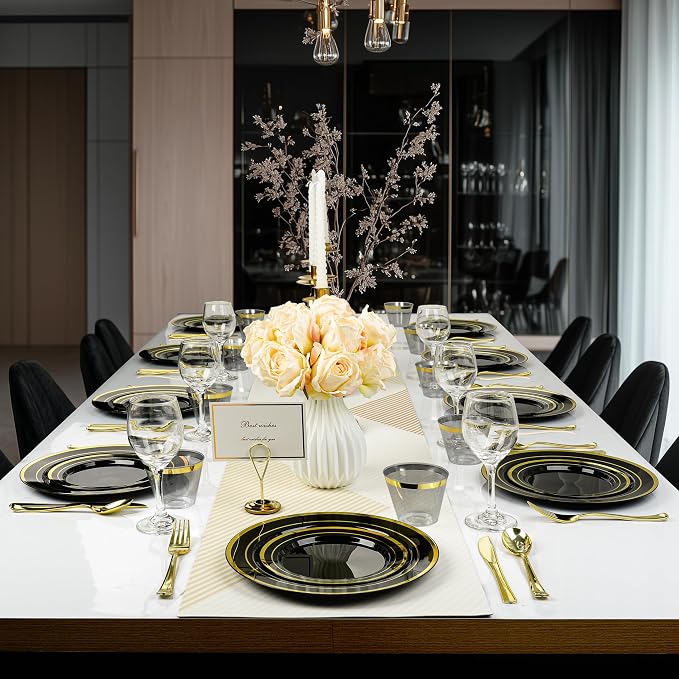 BESTVIP 525PCS Black Gold Dinnerware Set for 75 Guests, Plastic Plates for Halloween Party and Christmas, 75 Disposable Plates, 75 Dessert Plates, 75 Cups, 75 Spoons, 75 Forks and 75 Knives