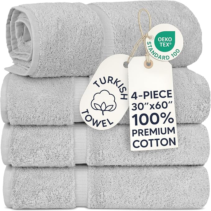 Chakir Turkish Linens 4 Piece Extra Large Bath Towels, 100% Cotton Luxury Turkish Towels for Bathroom, Soft Absorbent Bath Towels, 30 x 60 Inches, Silver Gray