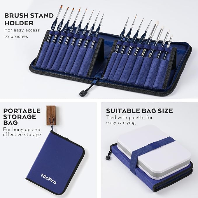 Nicpro Professional Miniature Painting Kit, with Wet Palette, Miniature Painting Handle, 16PCS Detail Paint Brushes Drybrush with Nylon Bag, Pallet Paper, Sponge, Brush Holder Mixing Paint Palette