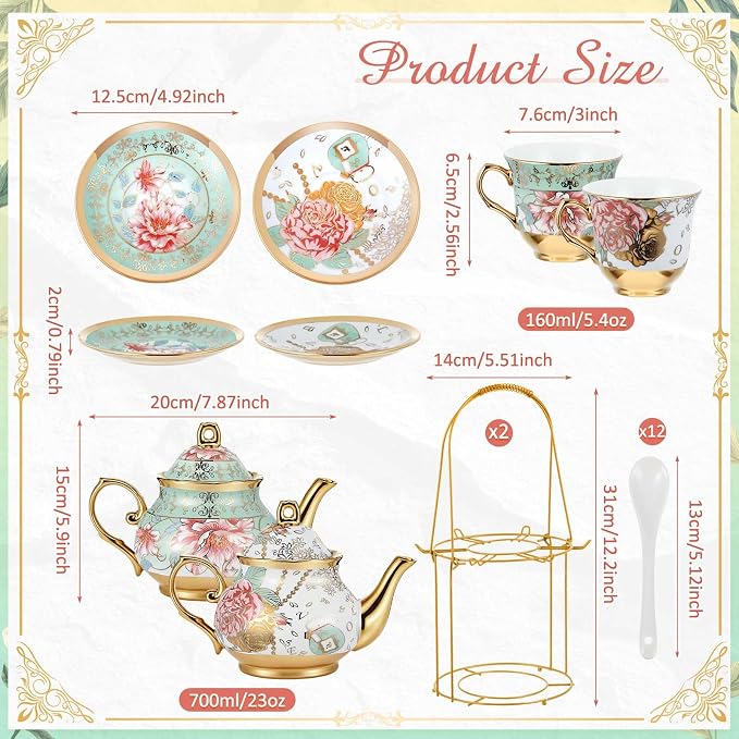 Zhehao 40 Pcs Porcelain Tea Set with Metal Holder and Spoon Adult Ceramic Tea Set European Flower Painting Teapot Cup Saucer Spoon for Women Mom Gift, Large Version (Fresh Style,Bright Style)