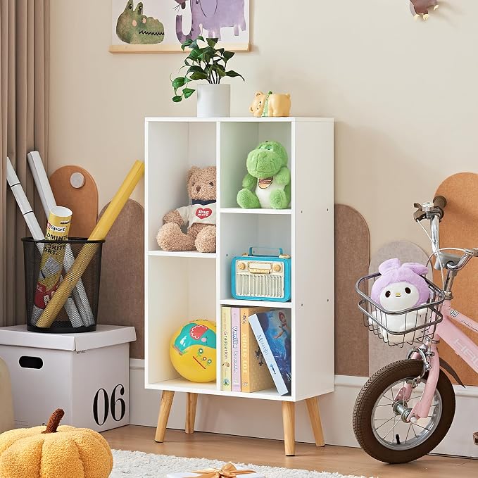 LEYAOYAO 5 Cube Bookshelf, Mid-Century Modern Book Shelf with Legs, White | 3 Tier Bookcase, Rustic Wood Bookshelves Freestanding Small Storage Organizer, Open Shelves for Bedroom, Living Room, Office
