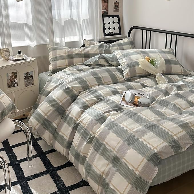 mixinni Full Size Buffalo Plaid Duvet Cover Set - 3 Piece Green White Geometric Bedding Set with Zipper Closure & Ties, 100% Washed Cotton Soft Breathable Duvet Cover for Men, Women, Teens (Full)
