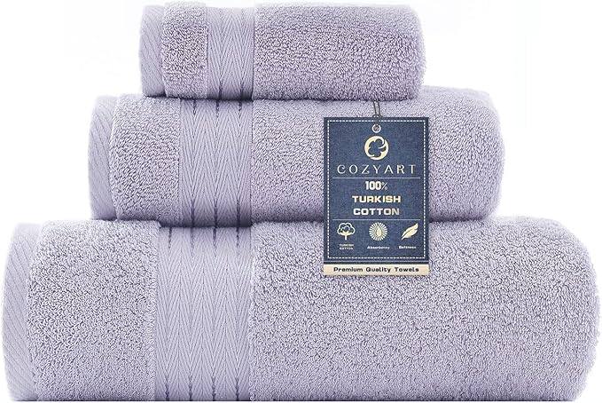 COZYART Luxury Bath Towel Set 3 PCS, Lavender 100% Turkish Cotton 650 GSM | OEKO-Tex 100 Certified Zero Twist Ring Spun, Soft Absorbent Quick Dry, Plush Fluffy, Breathable Hotel Quality for Daily Use