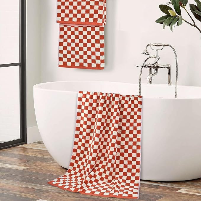 Jacquotha Ultra Soft Bath Towels 2 Pack - 520 GSM Cotton Highly Absorbent | Checkered Towels Set for Bathroom Shower Pool Travel 55" x 28"(Coral)