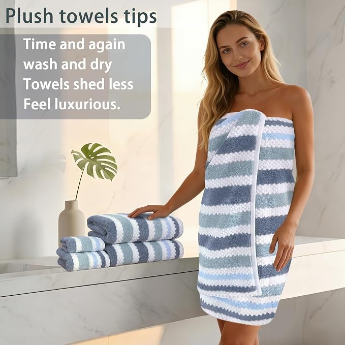 VOOVA & MOVAS Waffle 3PC Towel Set, Cotton, Blue Gray White | Large Bath 30x56 In, Hand 16x27 In, Wash Cloths 13x13 In, Quick Dry, Thick, 540GSM, With Hanging Loops