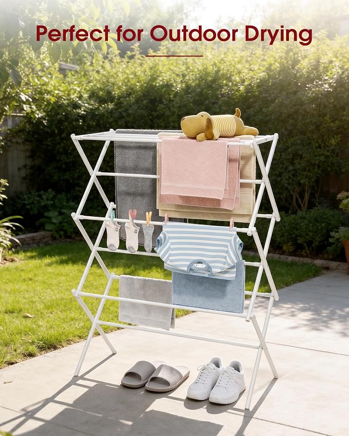 Sakugi Foldable 3-Tier Clothes Drying Rack 37.4" H with Non-Slip Feet | Indoor & Outdoor Use, Space Saving, Metal Frame, 11.4" D x 29.1" W, White