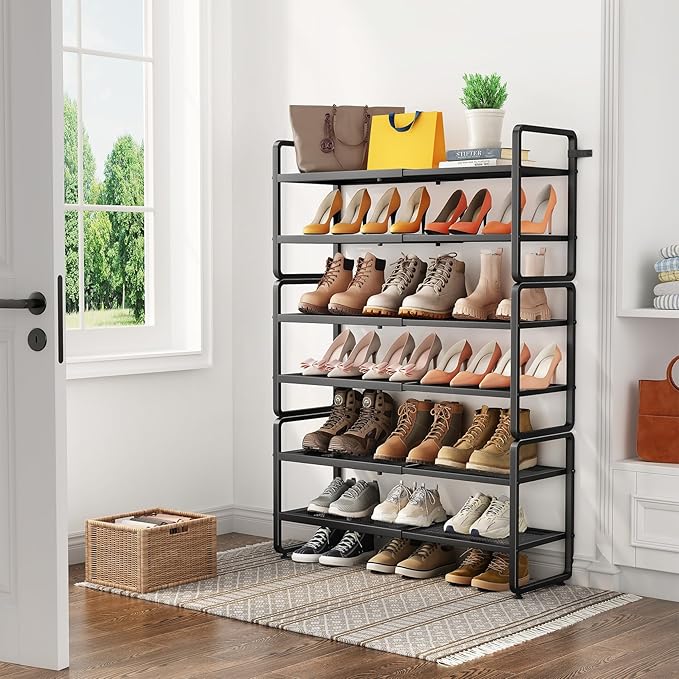 SNTD Shoe Rack - Expandable Shoe Organizer for Closet, Adjustable Metal Shoe Shelf Storage, Stackable Long Shoe Stand Holder for Garage, Entryway, Door Entrance (Black, 6-Tier)