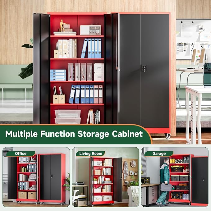 Metal Garage Storage Cabinets with Lock Door and Adjustable Shelves, Steel Tool Cabinets for Home,Office,Warehouse Organisieren (Black Red, 75" H)