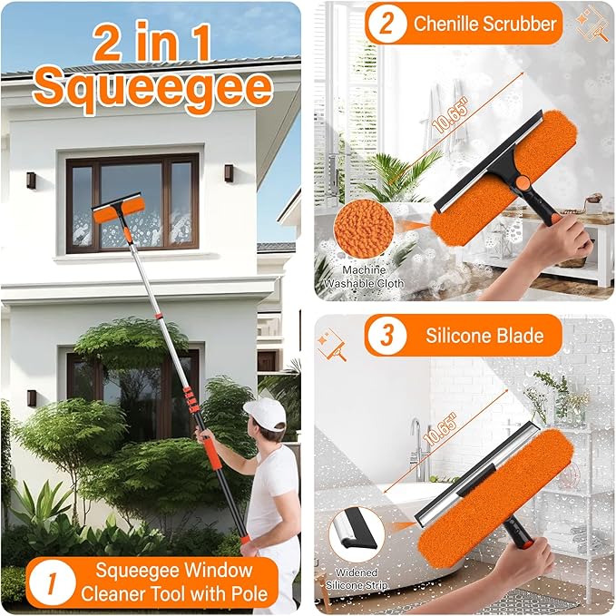 30FT High Reach Duster Cleaning Kit with 5-24 FT Extension Pole,High Ceiling Dusting and Window Cleaning Kit with Microfiber Feather Duster,Cobweb Duster,Ceiling Fan Duster,Window Squeegee Cleaner