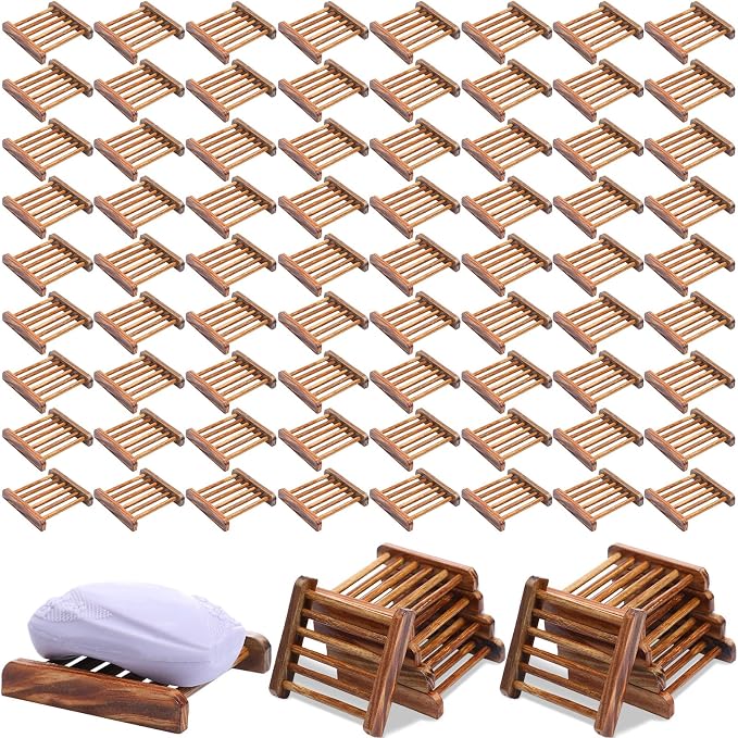 Amyhill 100 Pcs Bamboo Wood Soap Dish Bulk Bathroom Wooden Soap Holder Savers Self Draining Dishes Handcraft Tray, 3.3 x 3.3 x 0.67 Inch (Charcoal Color)