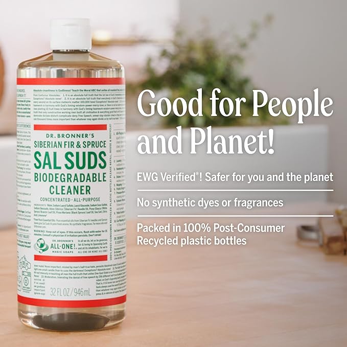 Dr. Bronner's Sal Suds Biodegradable Cleaner (32 oz) – All Purpose Pine Mop Detergent for Floors, Laundry & Dishes, Multi-Surface Concentrate, Heavy-Duty Degreaser