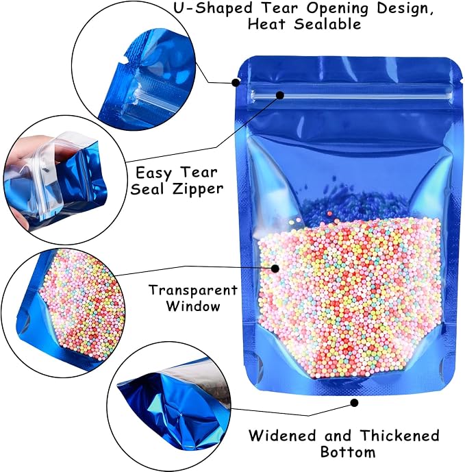 150 Pcs Mylar Bags for Food Storage, 5x8 Mylar Bag with Window Stand Up, Small Holographic Resealable Bags Smell Proof Bag Food Packaging for Small Business Freeze Dried Candy Jewelry Foil Packaging