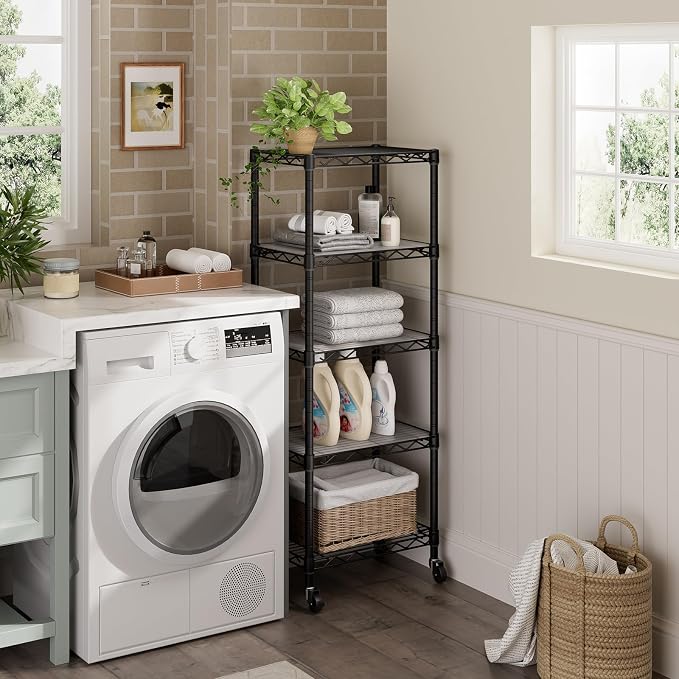 Golpart Small 5 Tier Shelves Storage Wire Shelving Unit Metal Shelf Adjustable Organizers Storage Shelving with Wheels for Bathroom Laundry Room Kitchen Pantry11.7”D x 17.7”W x 57.2”H Black
