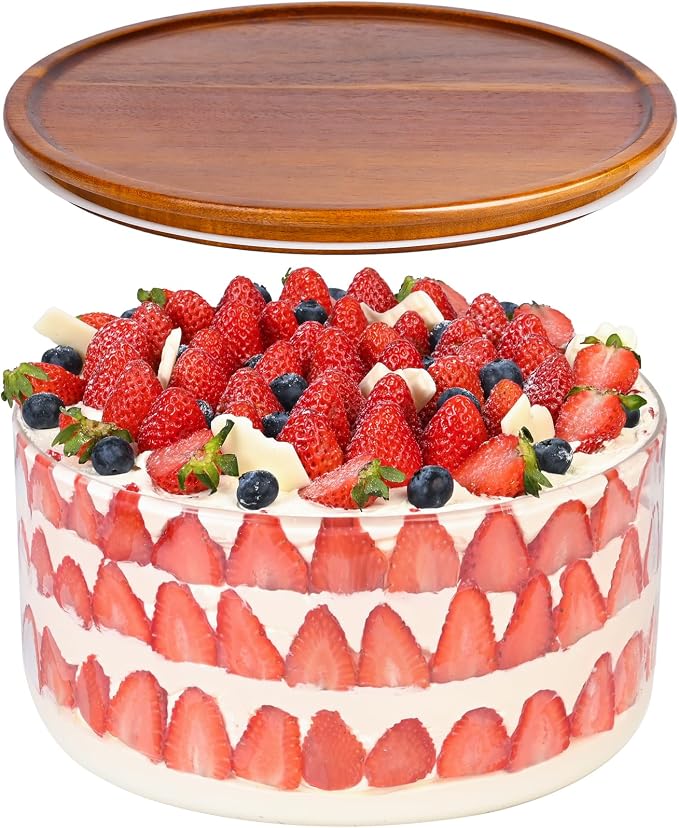 LOVYANXUE 197 oz Large Glass Salad Bowl with Acacia Wood Lid - Glass Trifle Bowl, Versatile Serving Bowls for Cake, Salad, Fruit, Baking, Dessert, Meal Prep, Storing, Microwave & Oven Safe, BPA Free