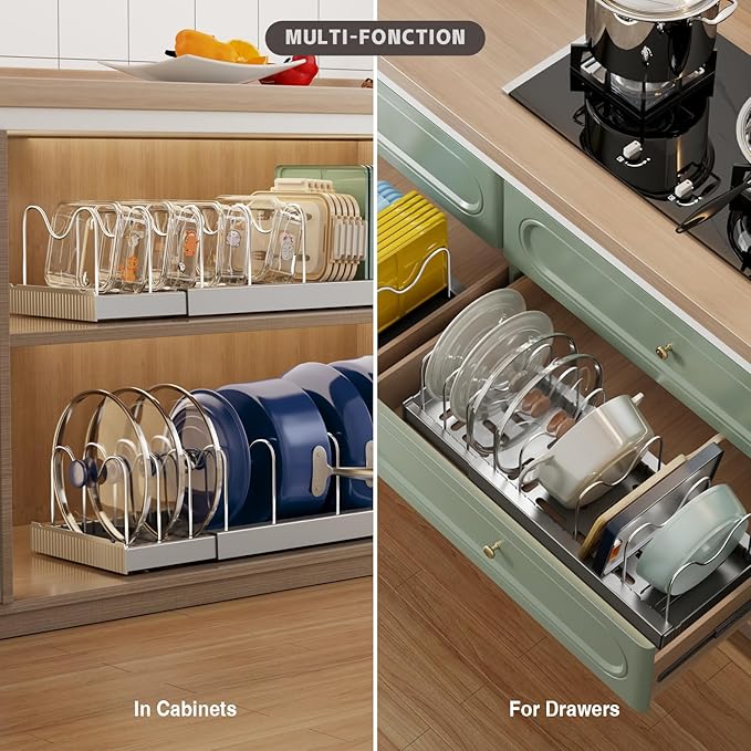 Magheo 2 Pack Expandable Food Storage Container Lid Organizers, 22" Pots and Pans Organizer Under Cabinet with 9 Adjustable Dividers Pot and Pan Lid Holders Rack Inside Cabinet(Gray)
