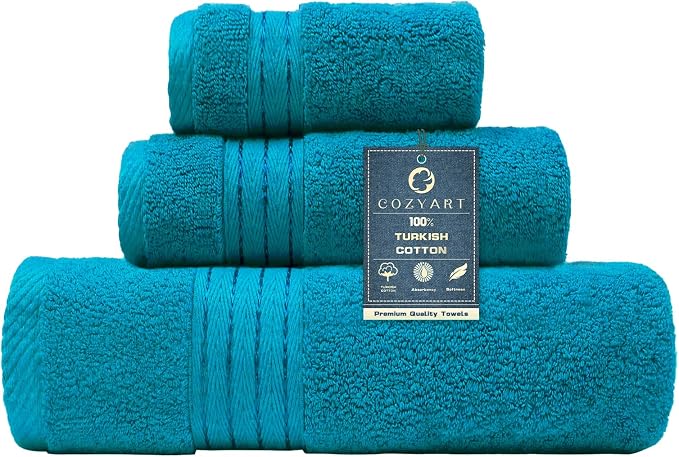 COZYART Luxury Bath Towel Set 3 PCS, Teal 100% Turkish Cotton 650 GSM | OEKO-Tex 100 Certified Zero Twist Ring Spun, Soft Absorbent Quick Dry, Plush Fluffy, Breathable Hotel Quality for Daily Use