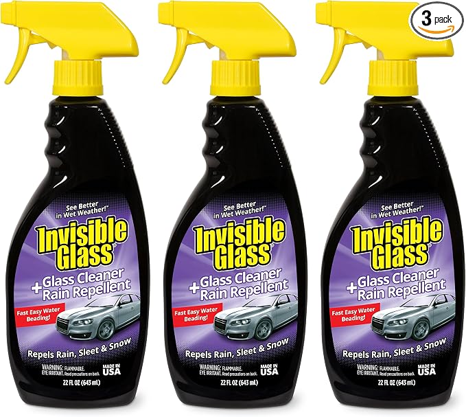 Invisible Glass 92184-3PK Glass Cleaner + Rain Repellent 2-in-1 Windshield and Window Spray, Cleans Auto Glass, Repels Rain, Sleet, Snow, Improves Wet Weather Visibility – 22 fl oz (Pack of 3)