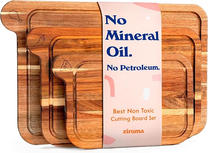 Non-Toxic Acacia Cutting Board Set of 3, Mineral Oil Free, Plastic Free | Petroleum free. No BPA. FSC-certified wood. 3 sizes: 17x11, 14x9 & 11x7 in. Beeswax, flaxseed & lemon oil finish.