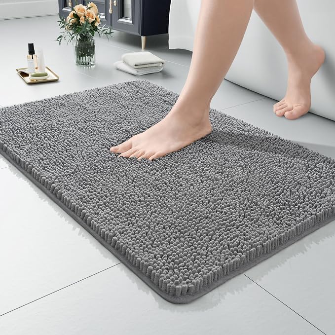 LOCHAS Luxury Bathroom Rug Shaggy Bath Mat 24 x 36 Inch, Light Gray | Washable Non Slip Bath Rugs for Bathroom Shower, Soft Plush Chenille Absorbent Carpets